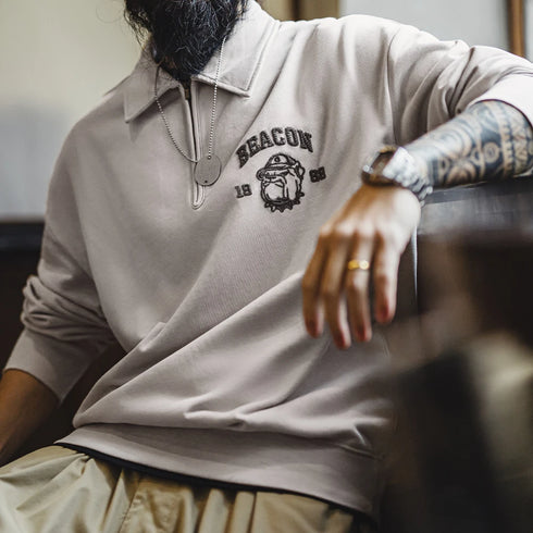 Vintage Embroidered Half-Zip Sweatshirt – Casual Spring Hoodie with Collar